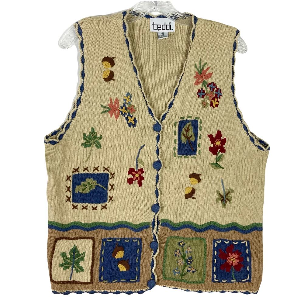 NWOT Vintage TEDDIE Sweater Vest LP Tan Floral-Crochet-Appliqué Knit Cotton